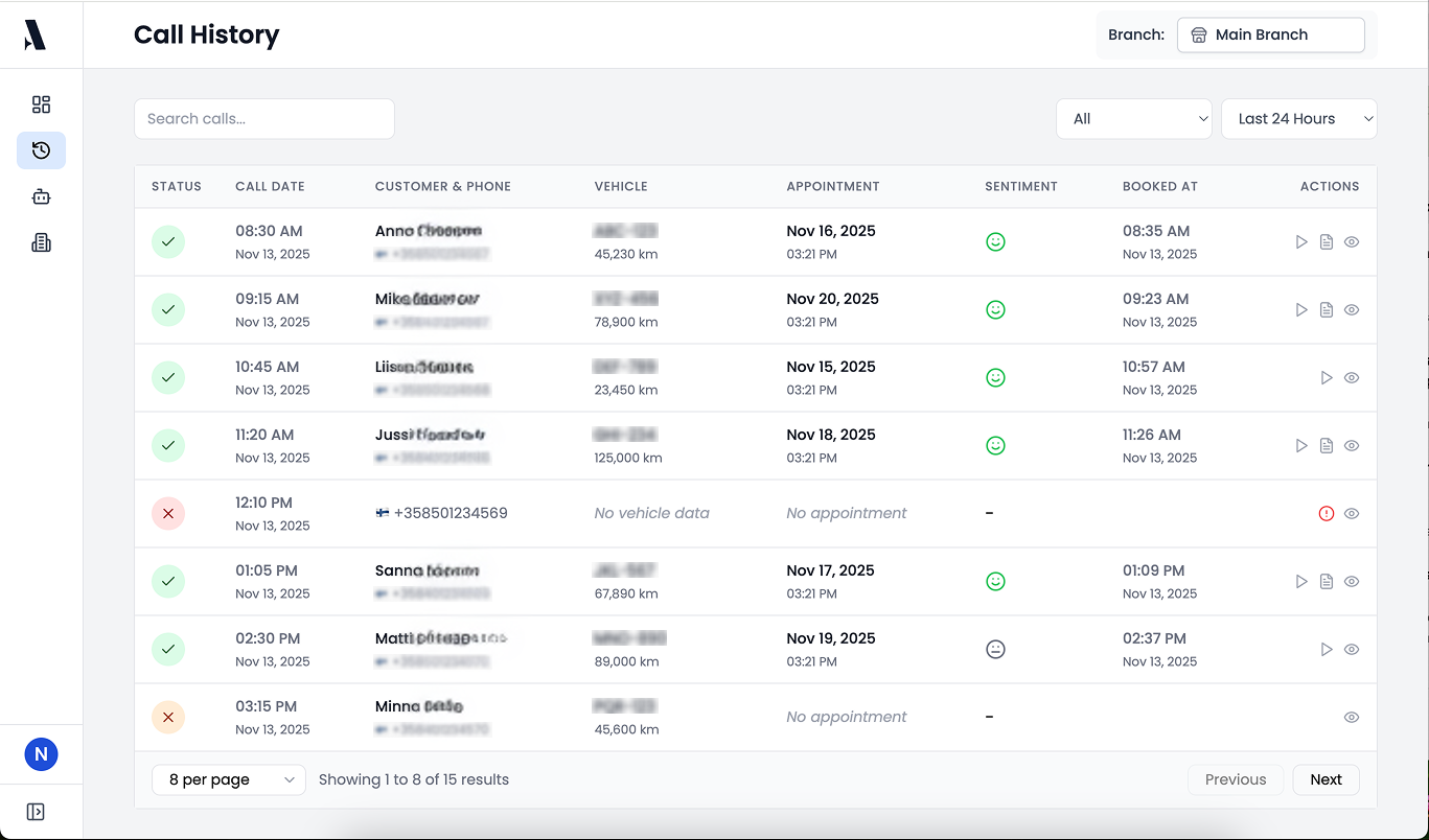 Agenton Call History Dashboard showing customer interactions and appointments